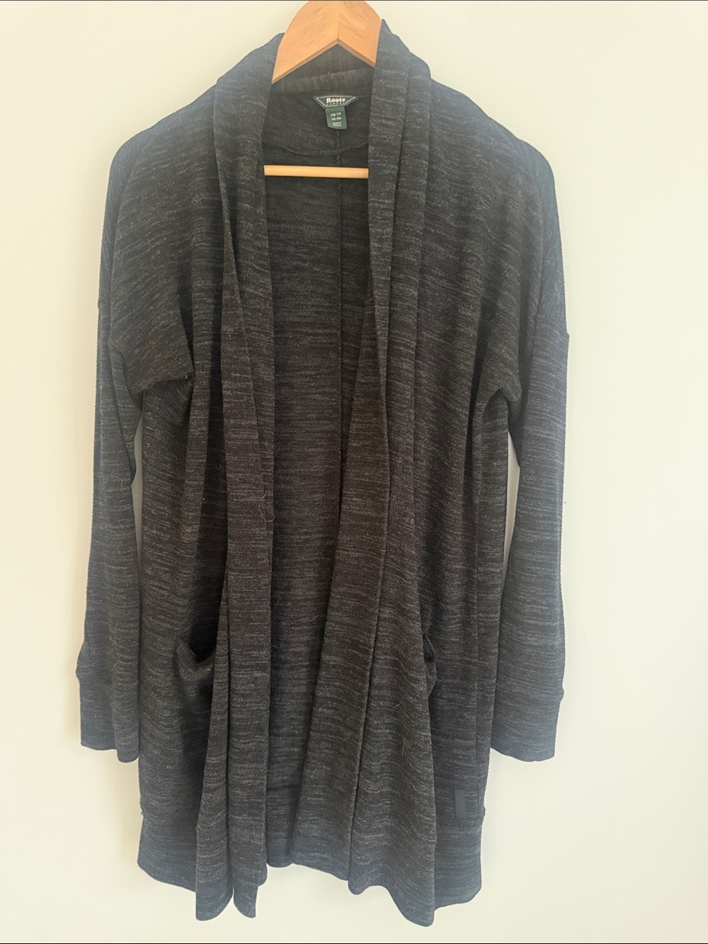 ROOTS Women Heathered Black Oversized Open Front Draped Pocket Cardigan Size XS